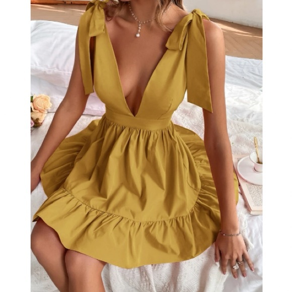 Boho tie shoulder ruffle hem dress yellow mustard - Picture 9 of 10